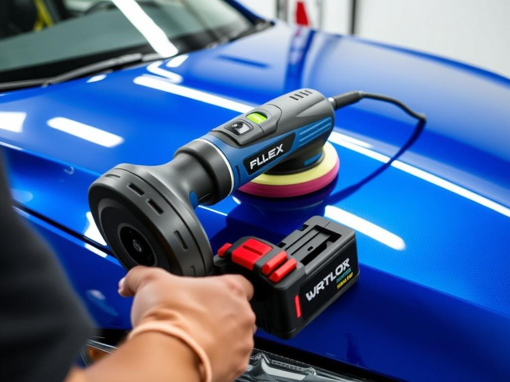 FLEX XCE 8 125 cordless polisher being used on a car hood