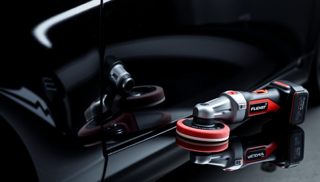 FLEX XCE 8 125 cordless polisher next to a perfectly polished black car panel
