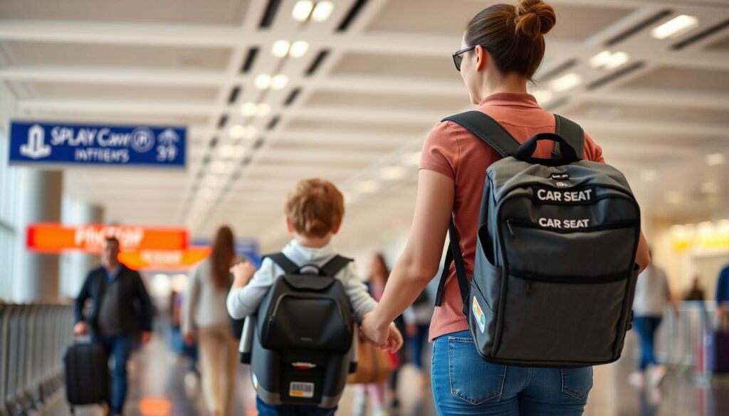 Family traveling through airport with car seat in travel bag