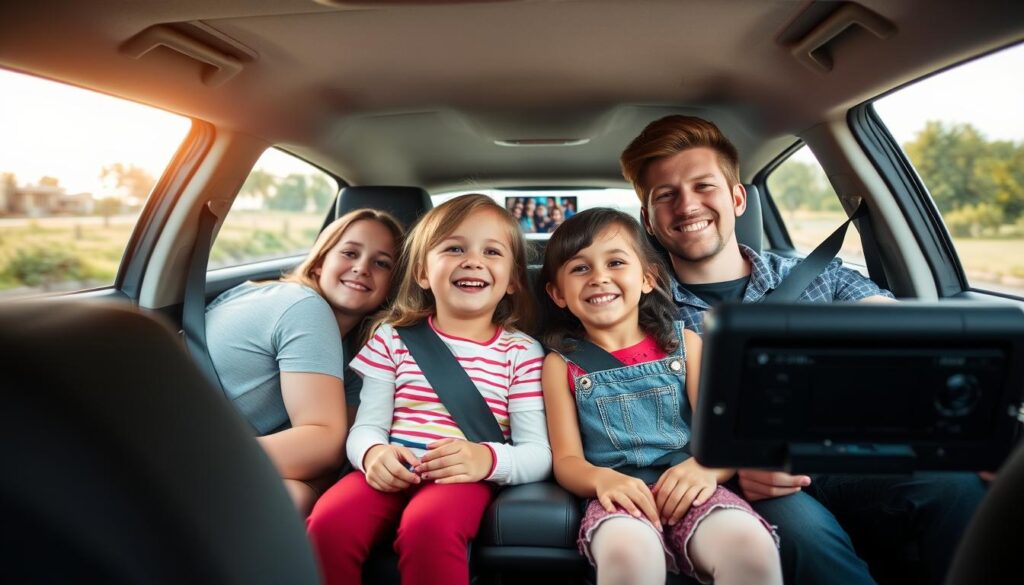 Family using a car DVD player during a road trip