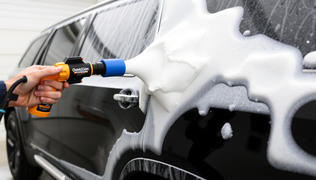 Foam cannon application of Chemical Guys HydroSuds on ceramic coated SUV