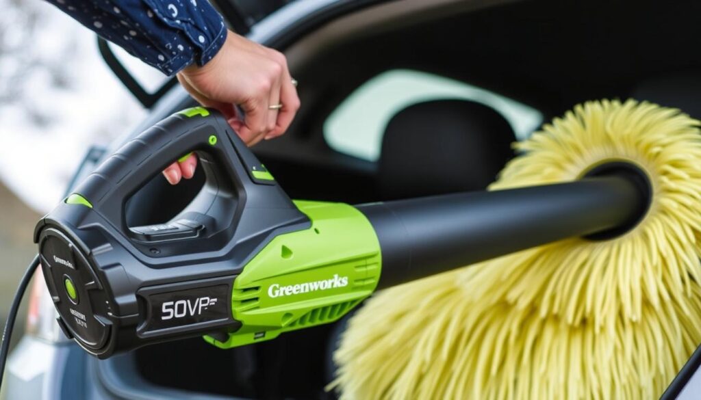 Greenworks 40V Cordless Leaf Blower being used as a car dryer