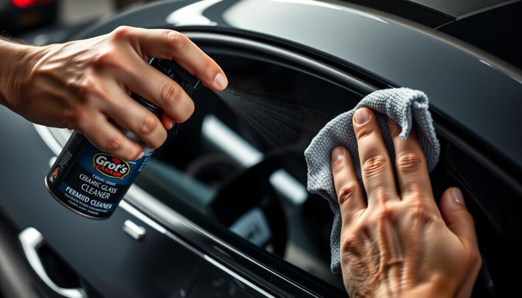 Griot's Garage Ceramic Glass Cleaner being applied to car window
