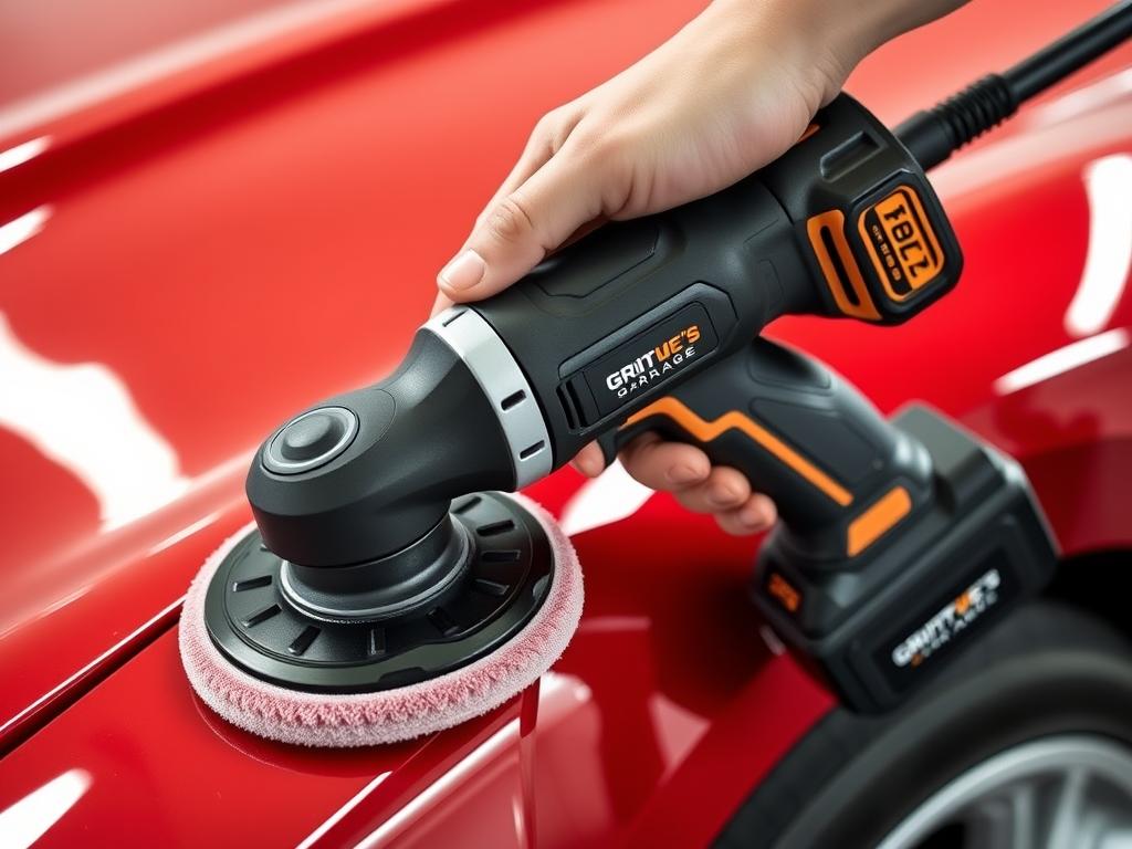Griot's Garage G9 cordless polisher with ergonomic design being used on a car fender