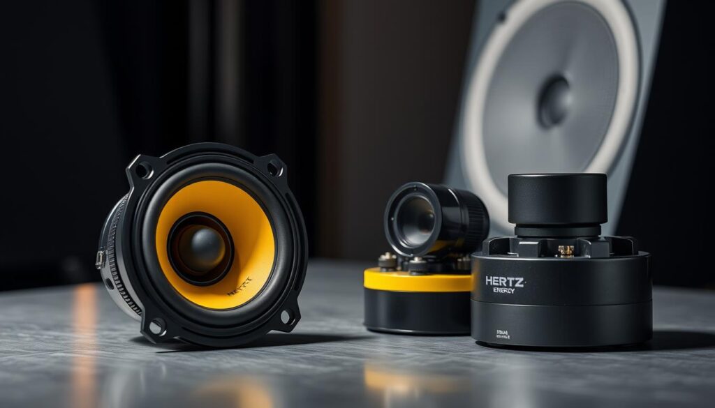 Hertz Hi-Energy speakers with yellow accents - best car speaker brand for balanced sound