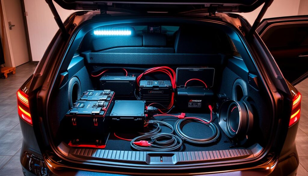 High-performance car audio system with battery installation