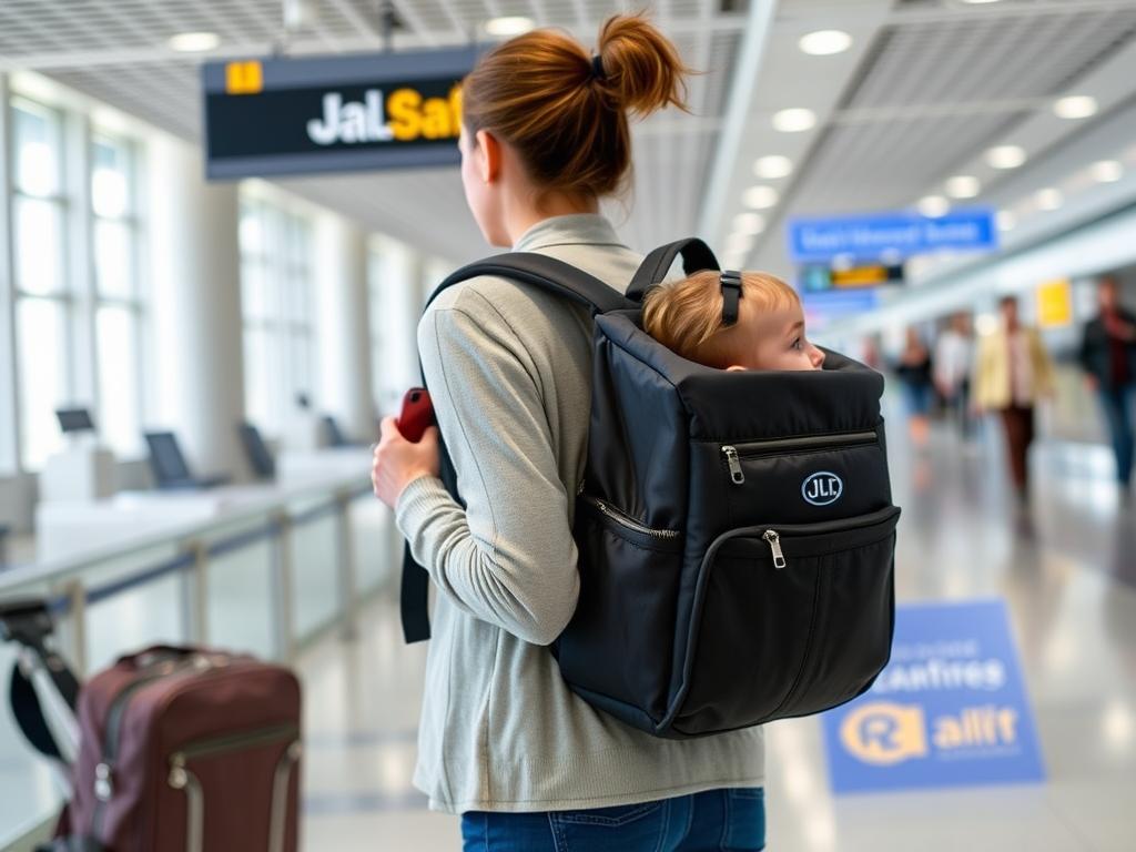 J.L. Childress Ultimate Backpack Padded Car Seat Travel Bag being used by a parent at an airport