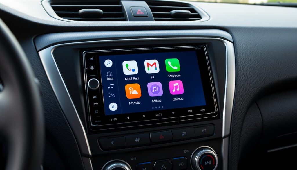 Kenwood DMX7706S double din car stereo showing Apple CarPlay interface Kenwood DMX7706S double din car stereo showing Apple CarPlay interface