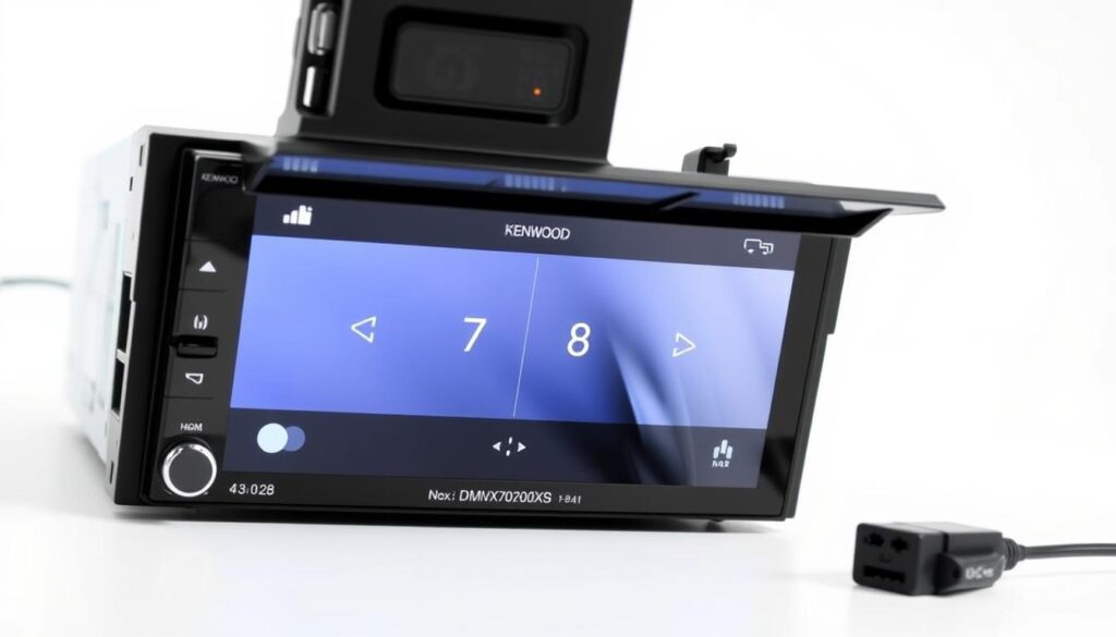 Kenwood DMX9720XS Android car stereo with HD capacitive touchscreen showing split-screen functionality