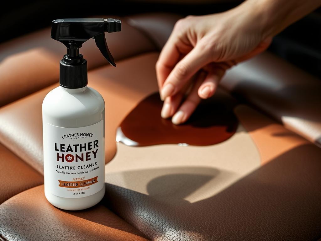 Leather Honey Leather Cleaner bottle with application on leather