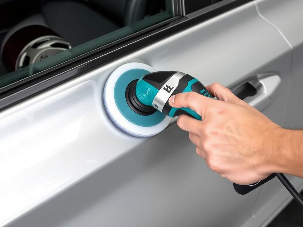 Makita XOP02Z cordless polisher with teal housing being used on a car door