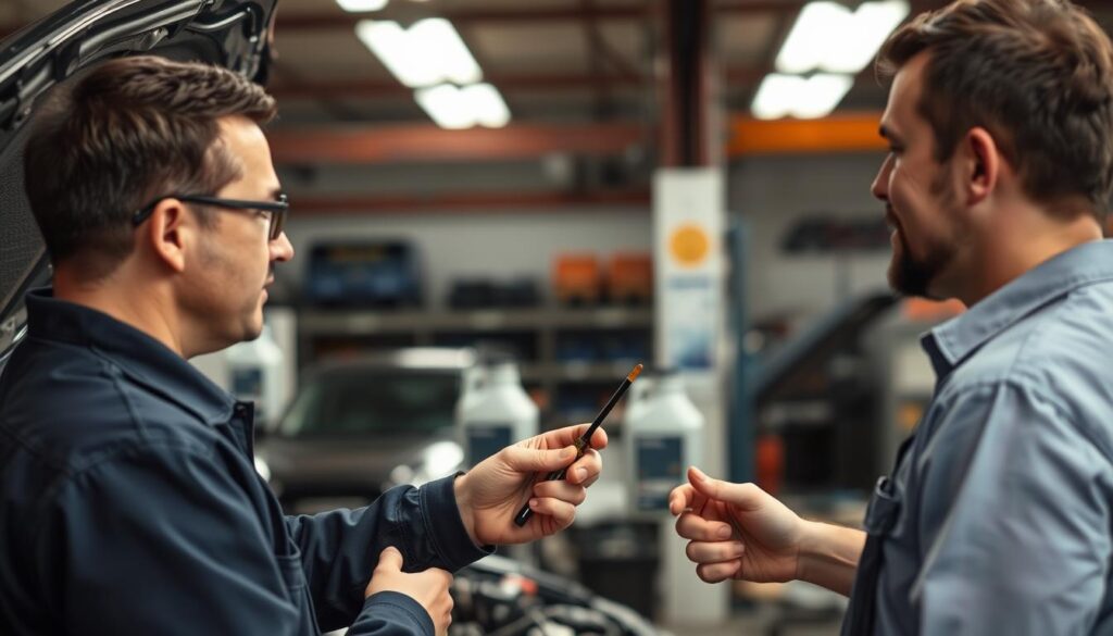 Mechanic checking oil dipstick while explaining different best car oil brand options to a customer Mechanic checking oil dipstick while explaining different best car oil brand options to a customer