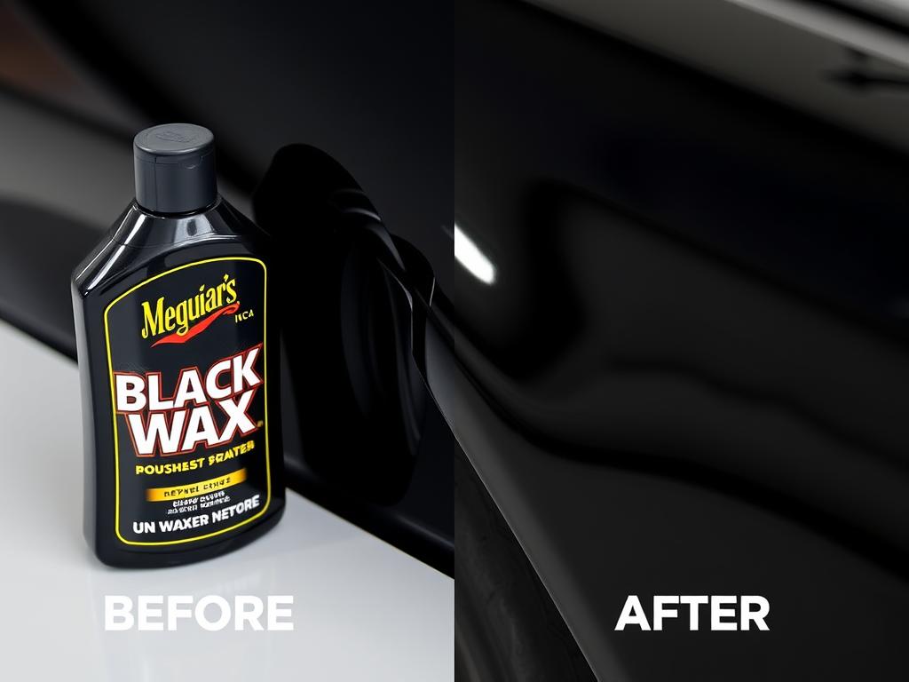 Meguiar's Black Wax container and application on black car paint