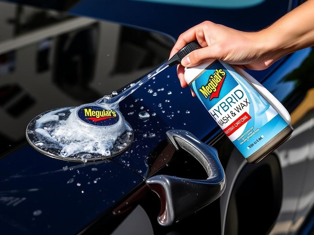 Meguiar's Hybrid Ceramic Wash & Wax being applied to a car with visible water beading