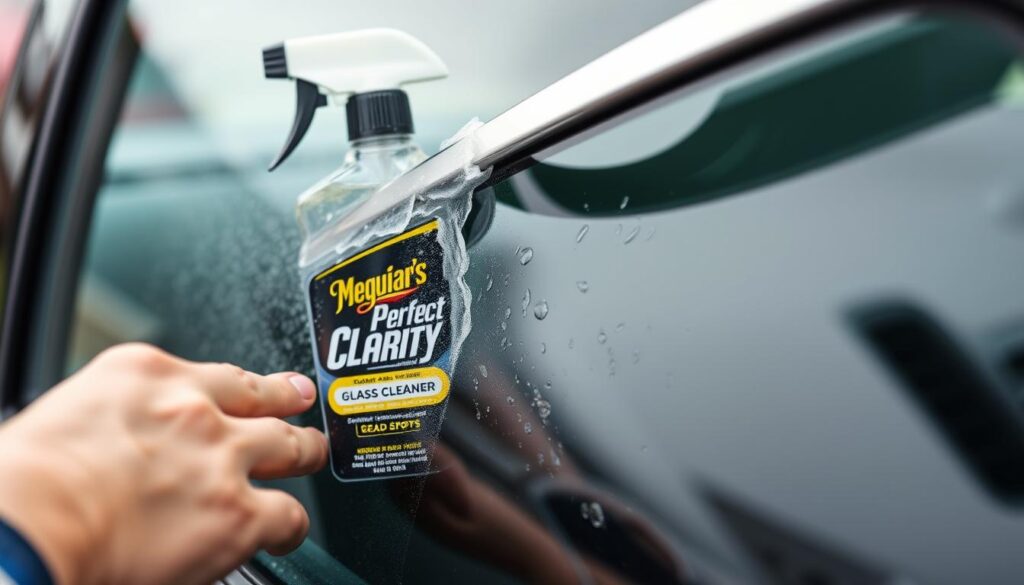 Meguiar's Perfect Clarity Glass Cleaner removing tough grime from car window