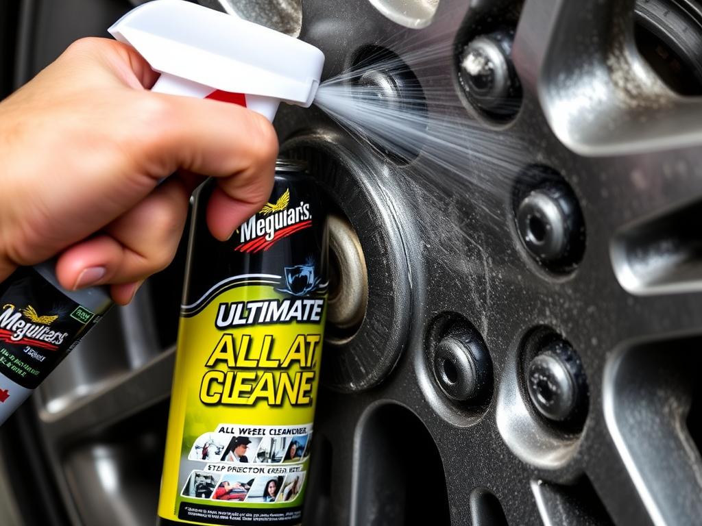 Meguiar's Ultimate All Wheel Cleaner being applied to a dirty car wheel