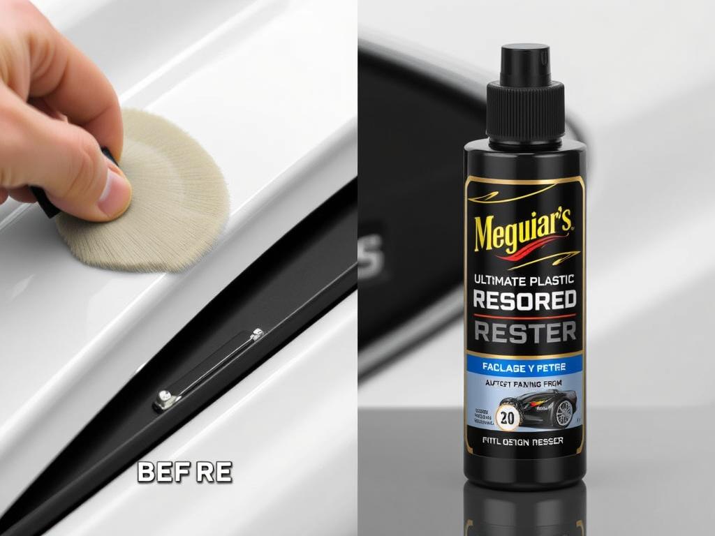 Meguiar's Ultimate Black Plastic Restorer bottle with application demonstration