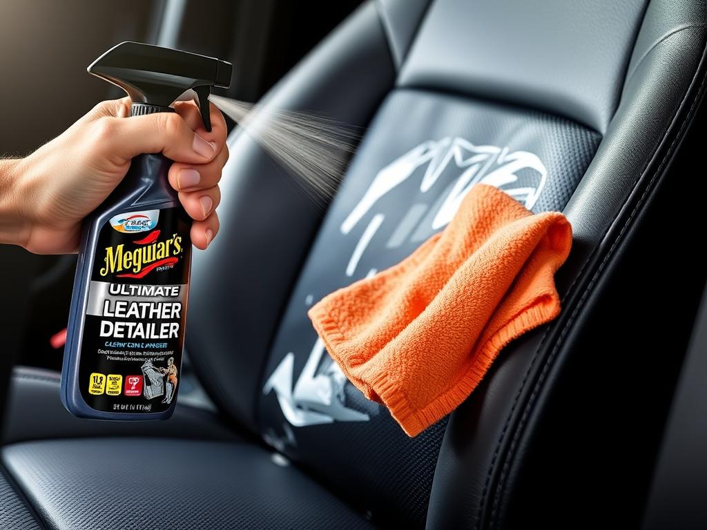 Meguiar's Ultimate Leather Detailer bottle with application demonstration