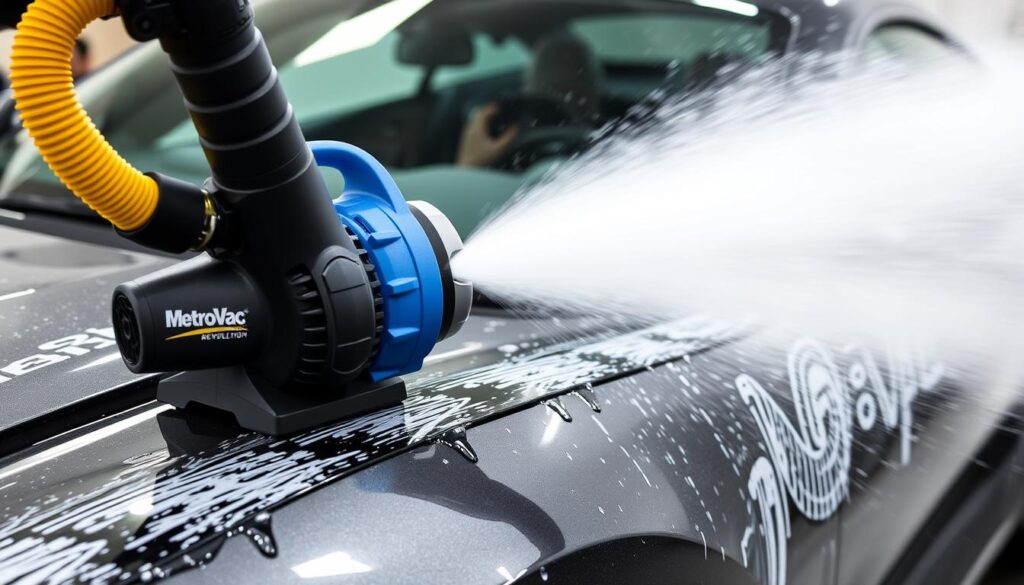 MetroVac Master Blaster Revolution car dryer blower in use on a sports car