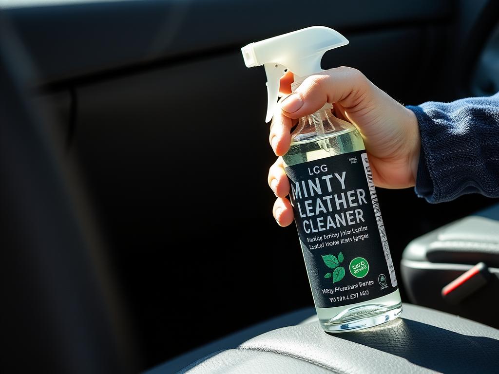 Mighty Mint Leather Cleaner bottle with eco-friendly messaging