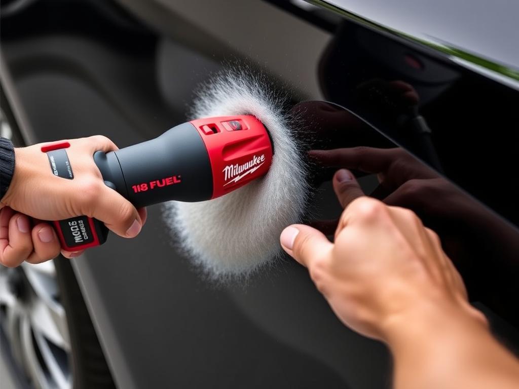 Milwaukee M18 FUEL cordless polisher with red housing being used on a car panel