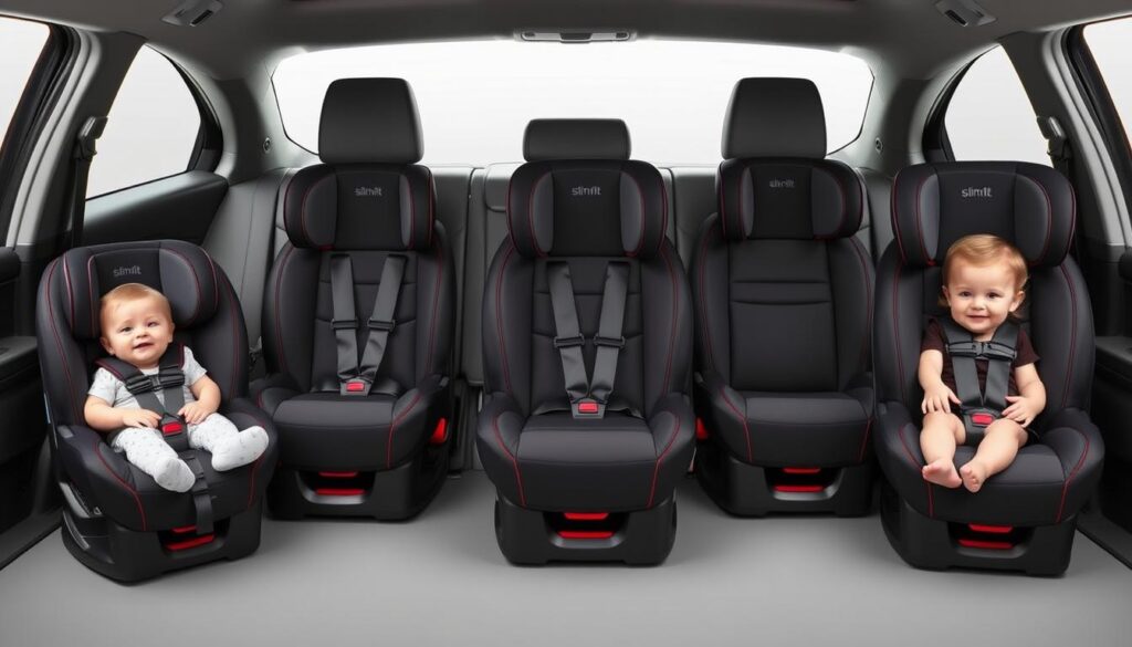 Multiple slim fit car seats showing progression from infant to booster stages