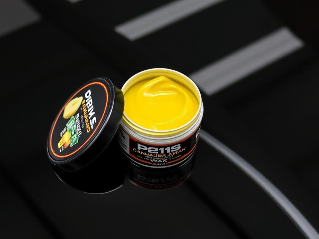 P21S Carnauba Wax container with application on black paint