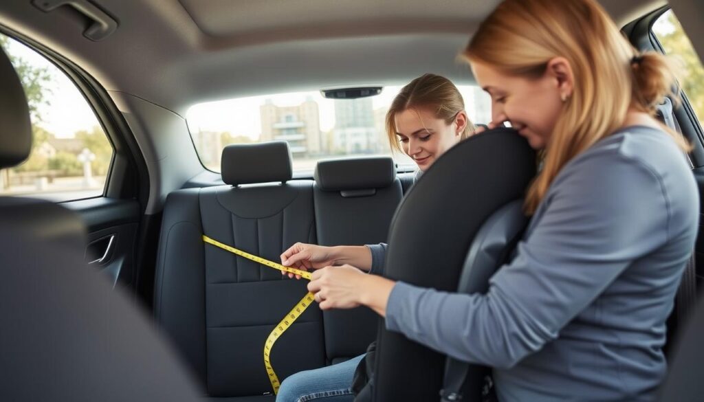 Parent measuring vehicle back seat width to determine appropriate slim fit car seat