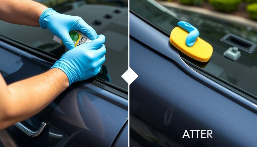 Person applying plastic restorer to faded car trim showing proper technique