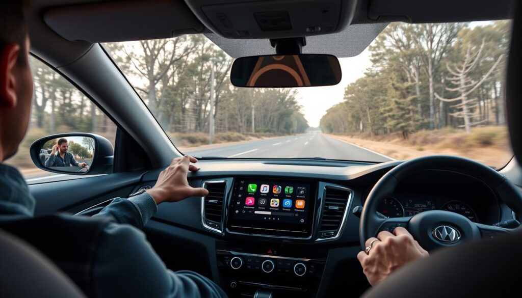 Person enjoying Android car stereo with navigation and music playing while driving