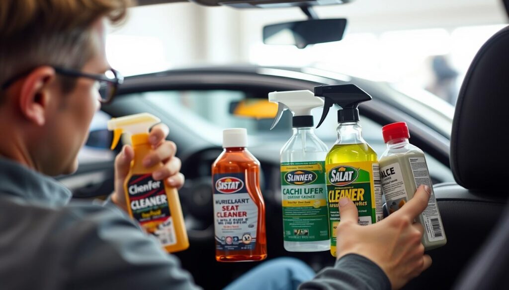 Person examining different car seat cleaners before application