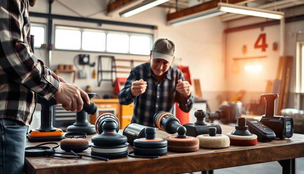 Person examining different cordless car polishers in a garage workshop