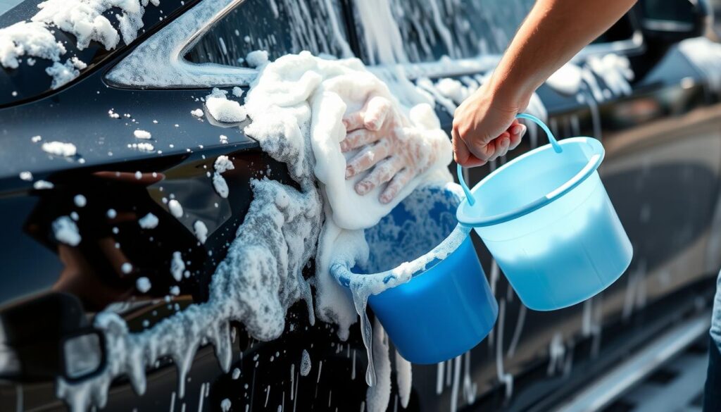 Person hand washing a car with proper technique and quality soap