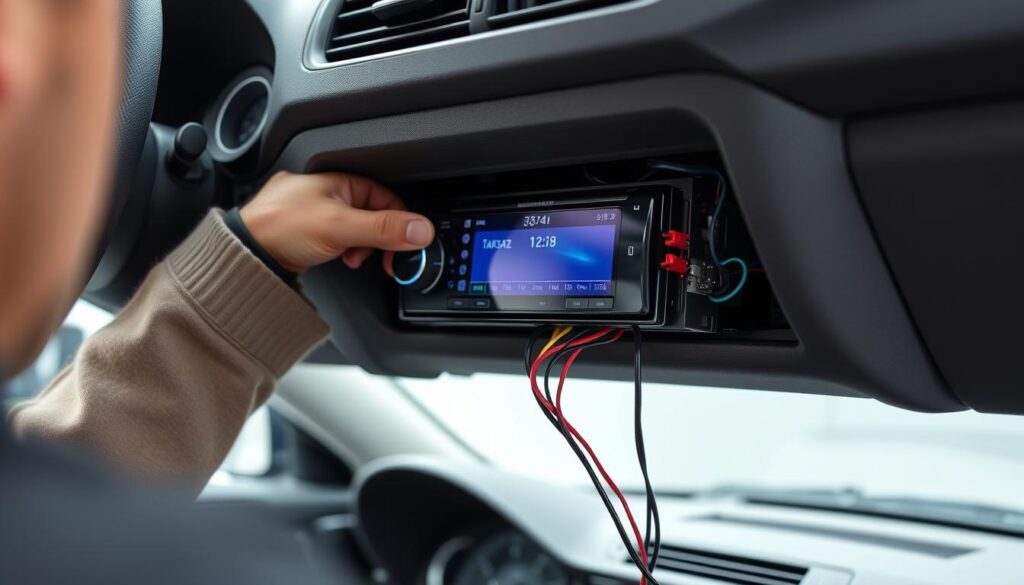 Person installing a double din car stereo in dashboard Person installing a double din car stereo in dashboard