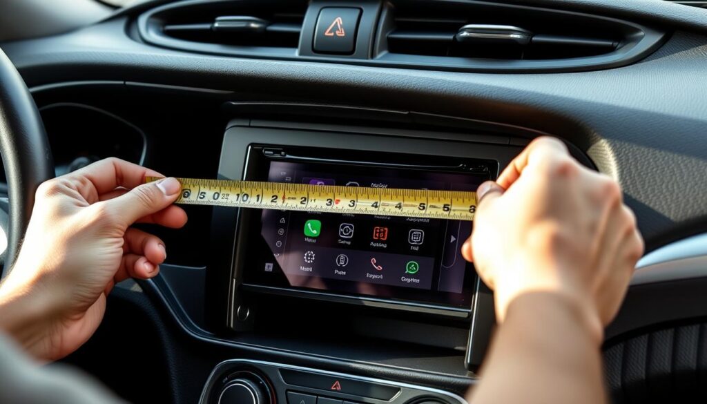 Person measuring car dashboard opening for Android car stereo installation