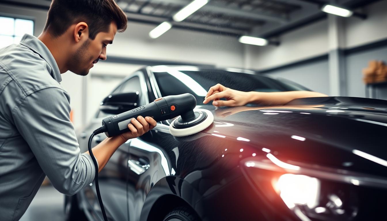 Person using a cordless car polisher on a black vehicle showing freedom of movement without cords