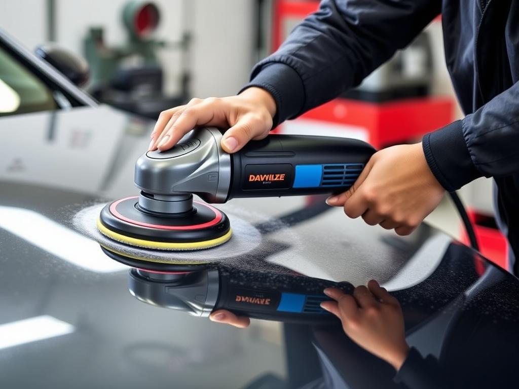 Person using a dual action polisher on a car hood with proper technique