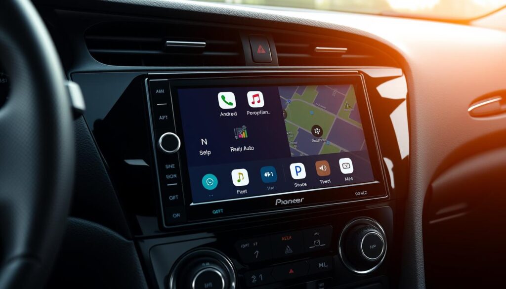 Pioneer DMH-W4660NEX double din car stereo showing wireless Android Auto interface Pioneer DMH-W4660NEX double din car stereo showing wireless Android Auto interface
