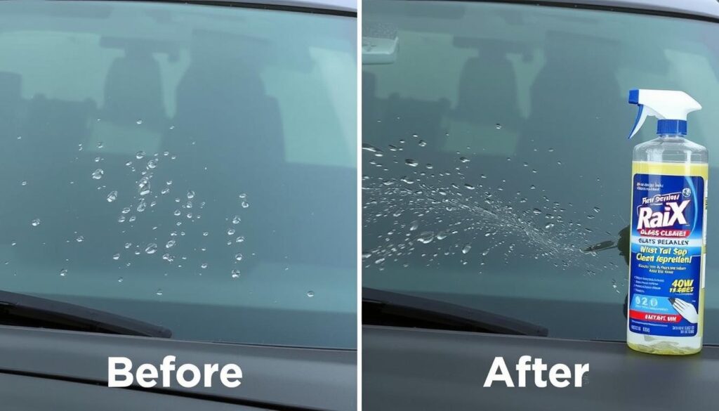 Rain-X Glass Cleaner + Rain Repellent demonstrating water beading effect