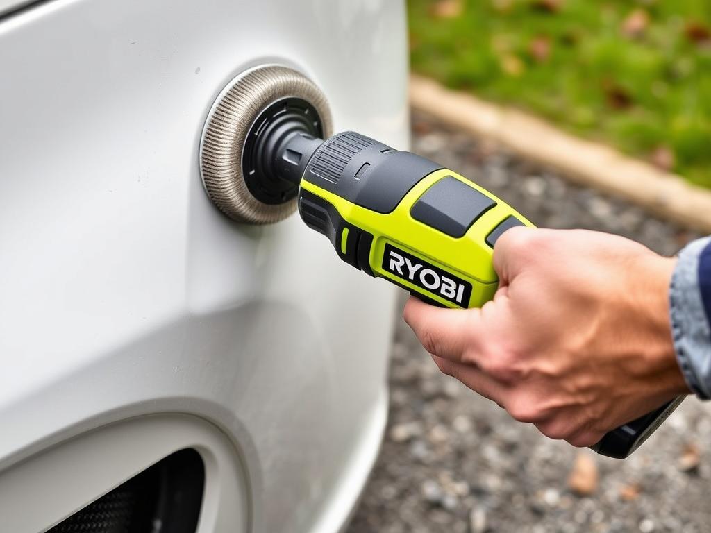 Ryobi P435 cordless polisher with green housing being used on a car bumper