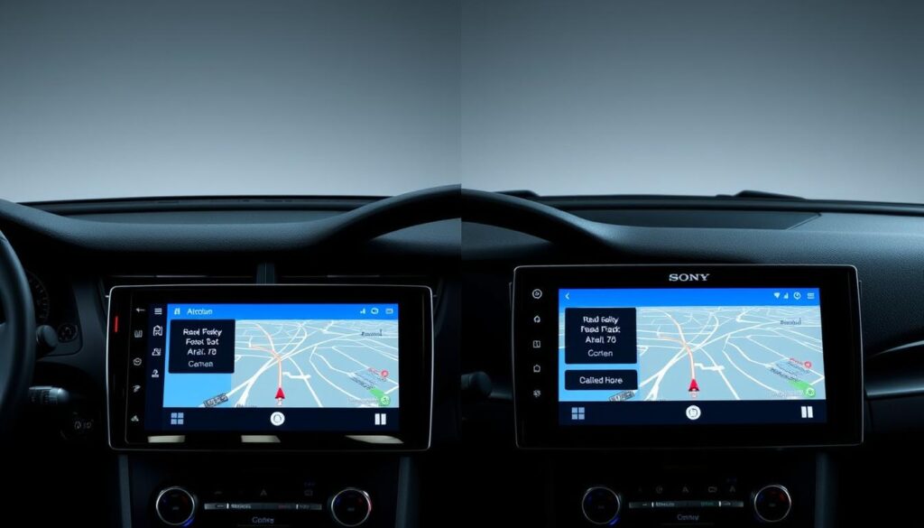 Side-by-side comparison of ATOTO S8 Ultra, Pioneer, and Sony Android car stereos showing interface differences