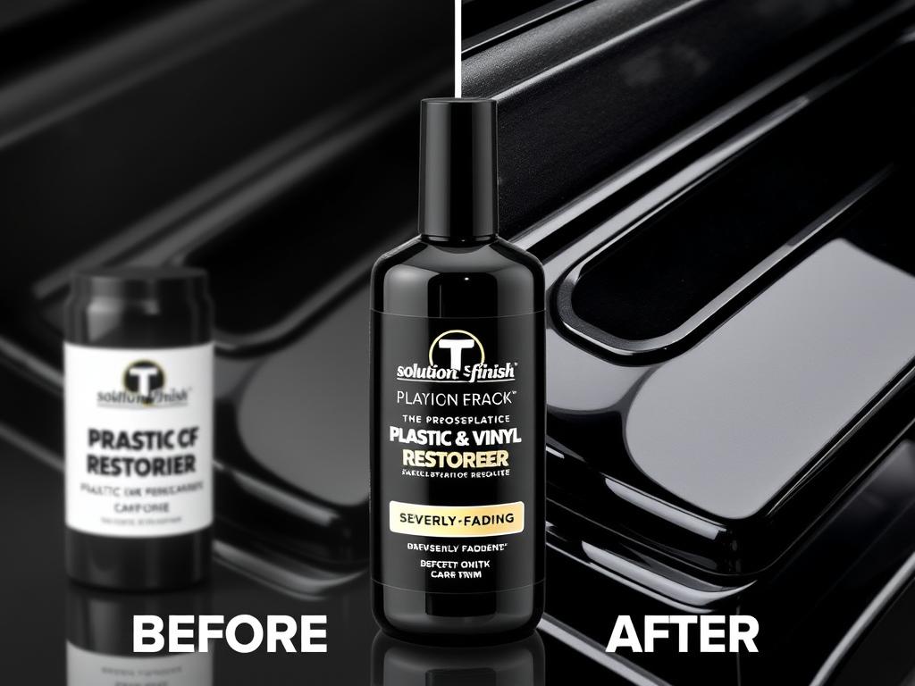 Solution Finish Black Plastic & Vinyl Restorer bottle with application results