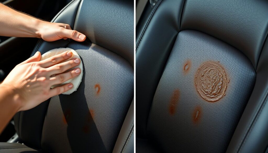 Testing process of leather car seat cleaners on a car seat with stains