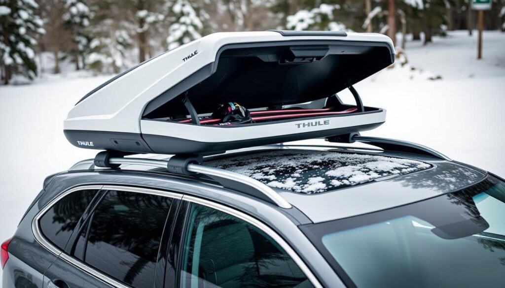 Thule Pulse Alpine cargo box holding skis