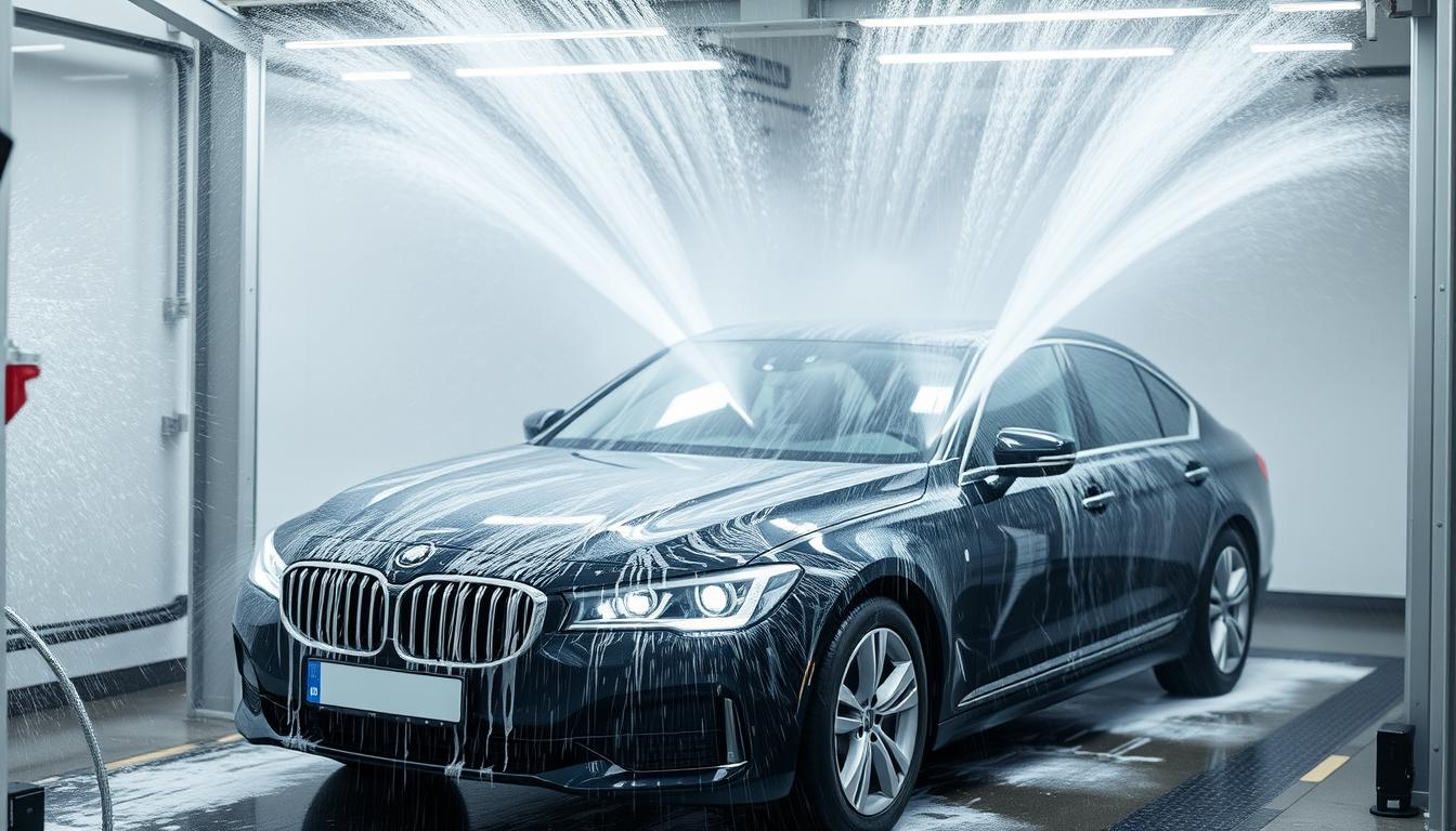 Touchless car wash system in action showing high-pressure water jets cleaning a vehicle without physical contact