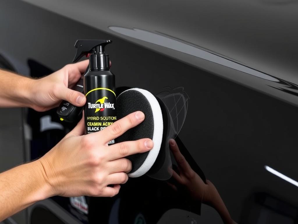 Turtle Wax Hybrid Solutions Ceramic Acrylic Black Polish being applied to a black car