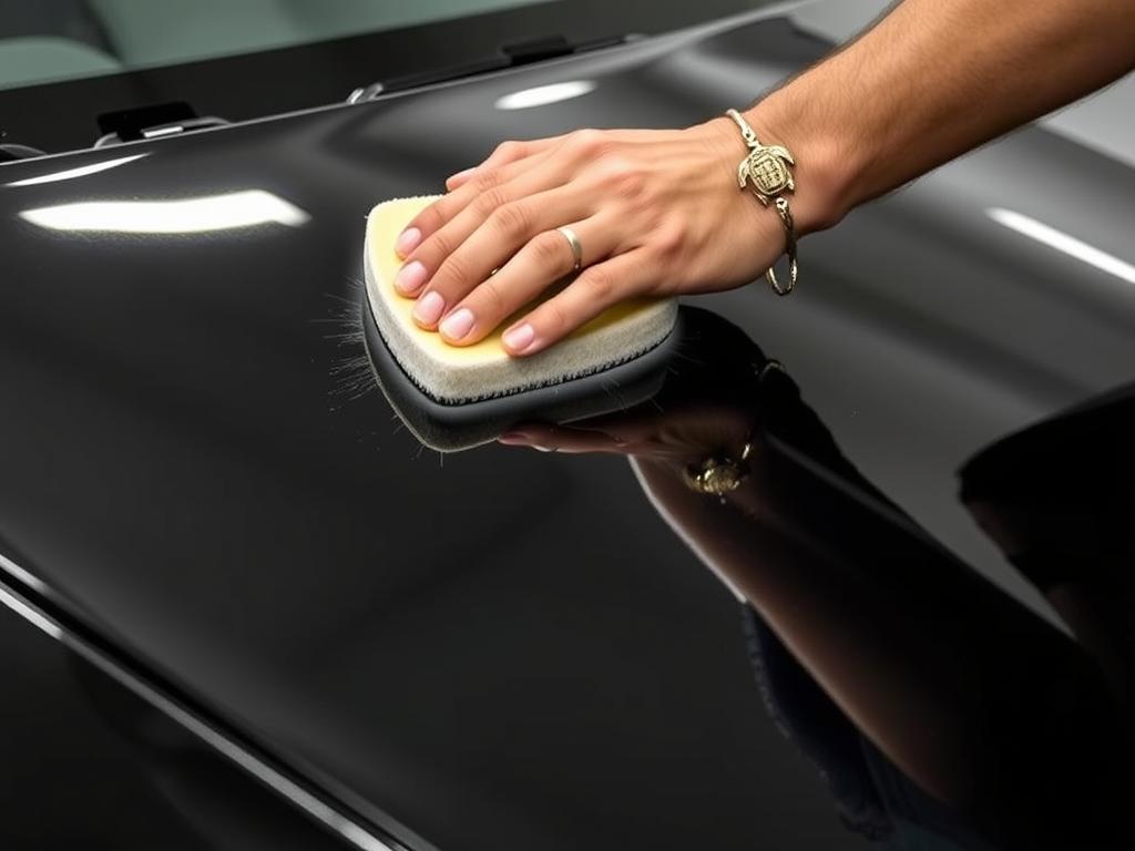 Turtle Wax Hybrid Solutions Ceramic Graphene Paste Wax being applied to a black car
