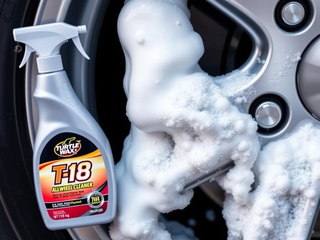 Turtle Wax T-18 All Wheel Cleaner bottle with foaming action on wheel