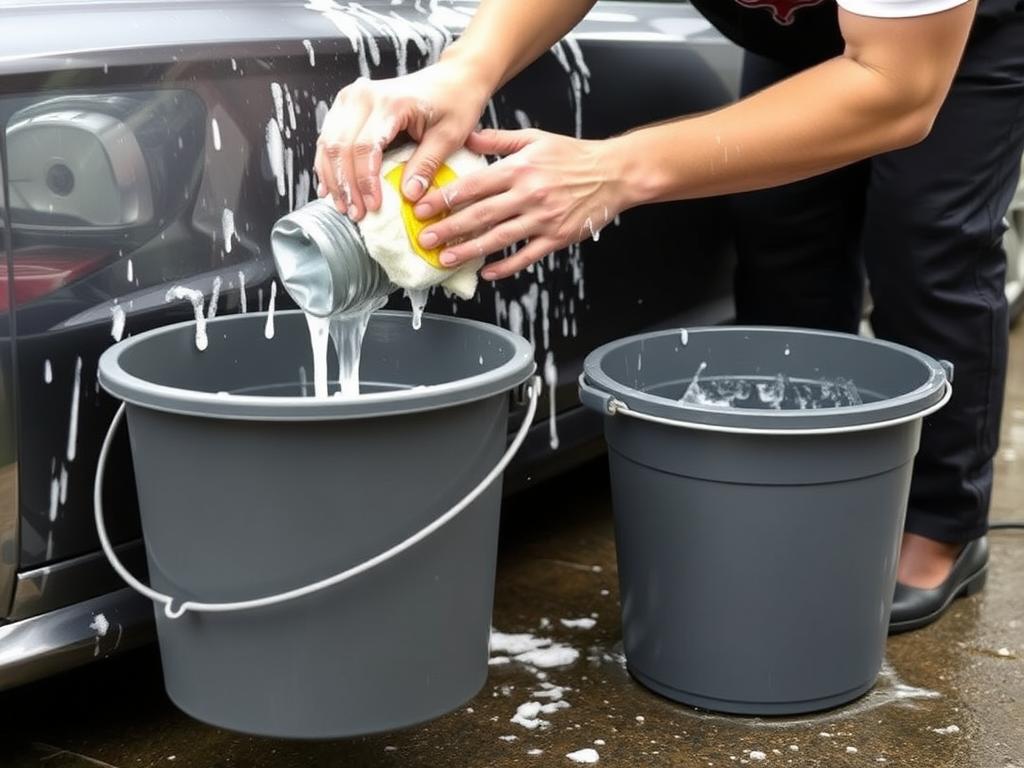 Two bucket method demonstration for washing ceramic coated car