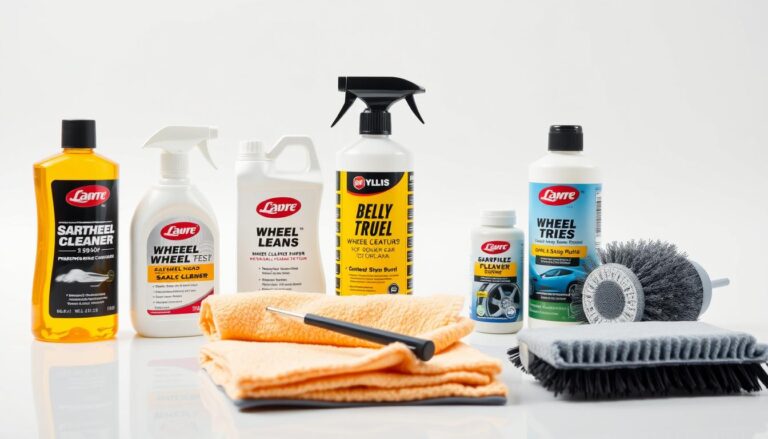 Various best car wheel cleaners arranged with cleaning tools